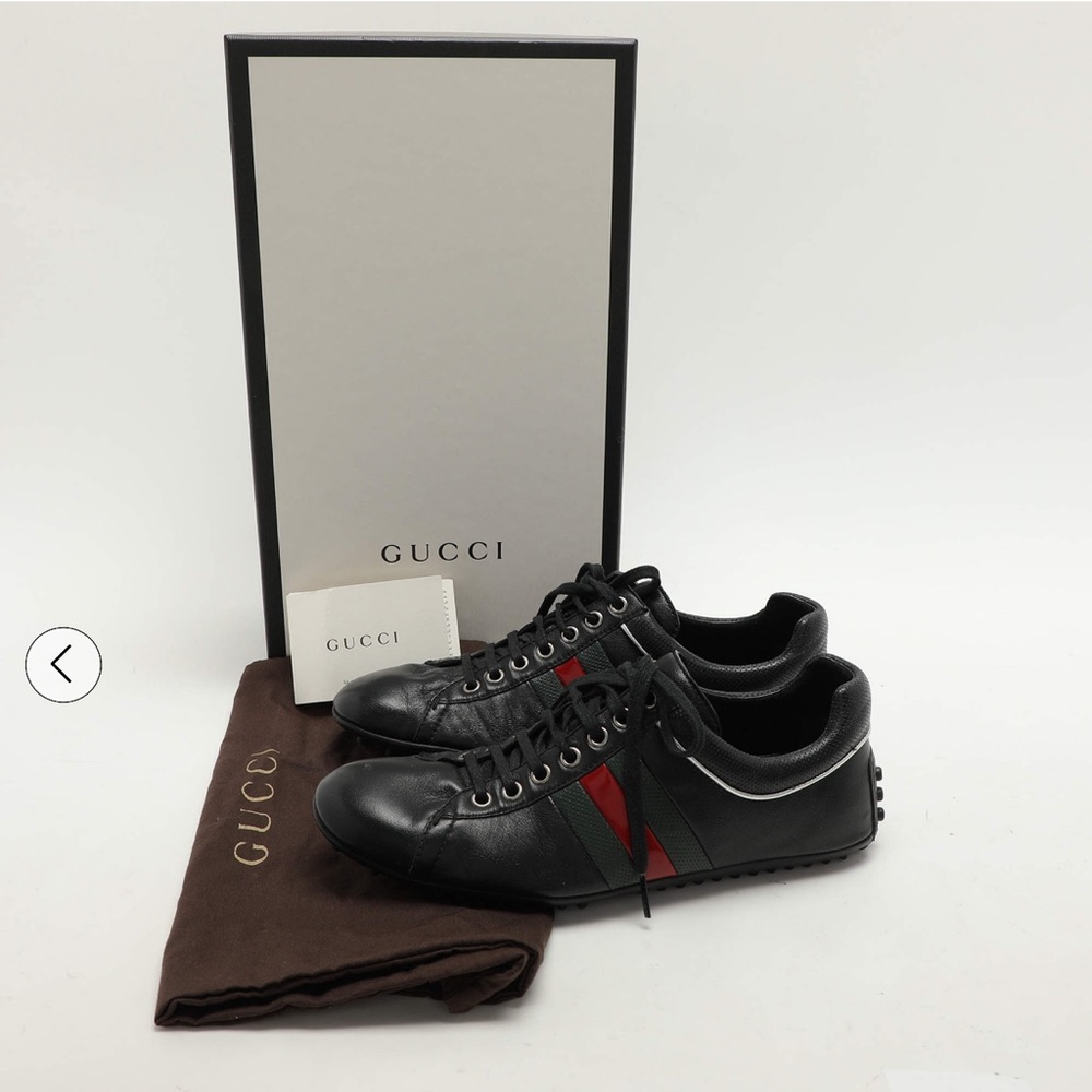 Gucci black leather web trainers sneakers size 40